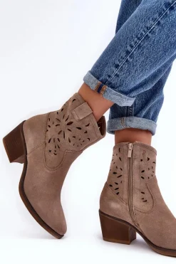 Zamszowe Botki Kowbojki Ażurowe D&A SN622-20 Ciemnobeżowe