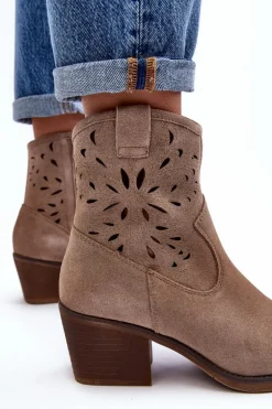 Zamszowe Botki Kowbojki Ażurowe D&A SN622-20 Ciemnobeżowe