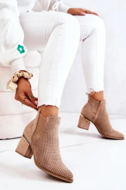 Zamszowe Botki Kowbojki Ażurowe Ciemnobeżowe Helloni