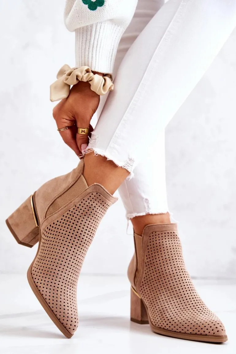 Zamszowe Botki Kowbojki Ażurowe Ciemnobeżowe Helloni