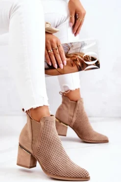 Zamszowe Botki Kowbojki Ażurowe Ciemnobeżowe Helloni