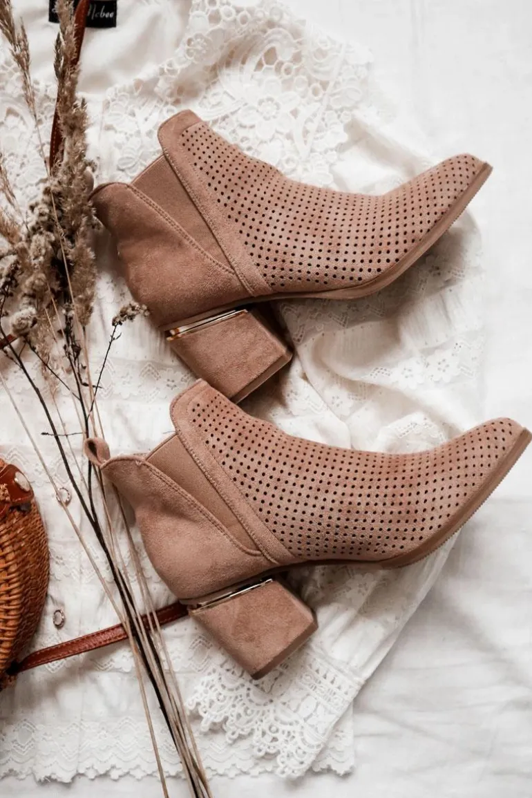 Zamszowe Botki Kowbojki Ażurowe Ciemnobeżowe Helloni