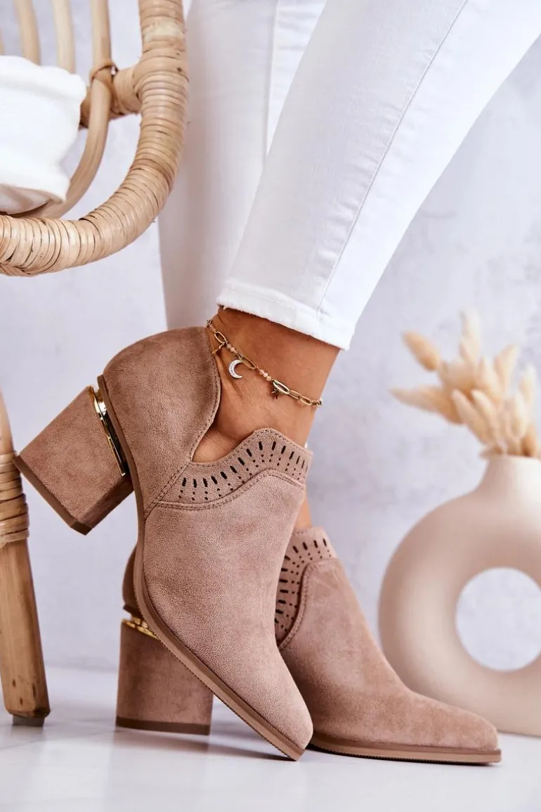 Zamszowe Botki Kowbojki Ażurowe Ciemnobeżowe Valerie