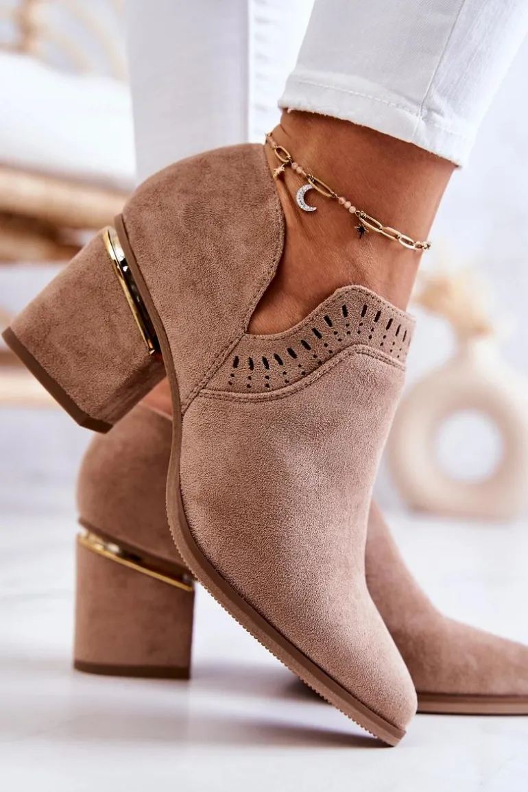 Zamszowe Botki Kowbojki Ażurowe Ciemnobeżowe Valerie