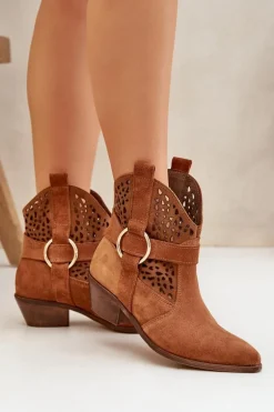 Zamszowe Botki Kowbojki Ażurowe Na Obcasie Zazoo 2994 Camel