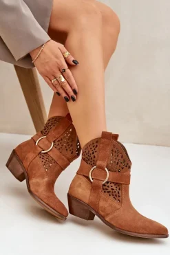Zamszowe Botki Kowbojki Ażurowe Na Obcasie Zazoo 2994 Camel