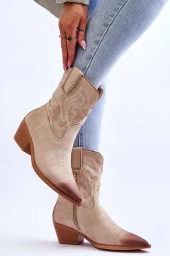 Zamszowe Botki Kowbojki Beżowe Klaira