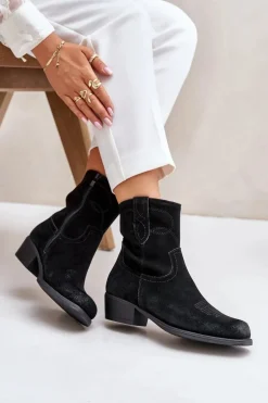 Zamszowe Botki Kowbojki Damskie Na Niskim Obcasie Ocieplane Sergio Leone BT284-S Czarne