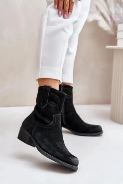 Zamszowe Botki Kowbojki Damskie Na Niskim Obcasie Ocieplane Sergio Leone BT284-S Czarne