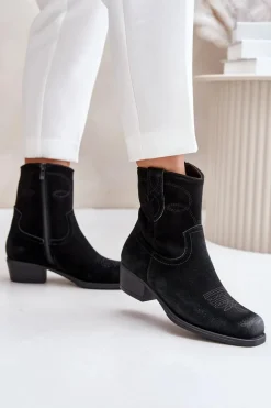 Zamszowe Botki Kowbojki Damskie Na Niskim Obcasie Ocieplane Sergio Leone BT284-S Czarne