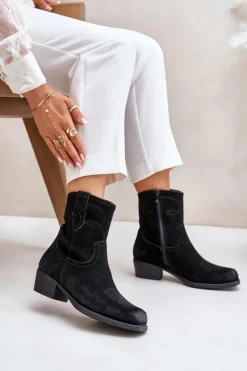 Zamszowe Botki Kowbojki Damskie Na Niskim Obcasie Ocieplane Sergio Leone BT284-S Czarne