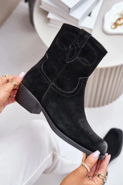 Zamszowe Botki Kowbojki Damskie Na Niskim Obcasie Ocieplane Sergio Leone BT284-S Czarne