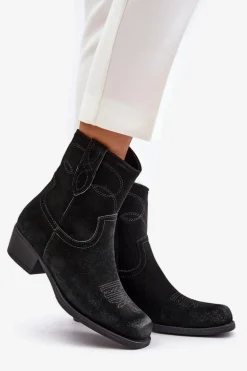 Zamszowe Botki Kowbojki Damskie Na Niskim Obcasie Ocieplane Sergio Leone BT284-S Czarne