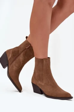 Zamszowe Botki Kowbojki Damskie Na Słupku Ocieplane Camel Dylira