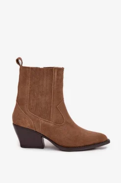 Zamszowe Botki Kowbojki Damskie Na Słupku Ocieplane Camel Dylira