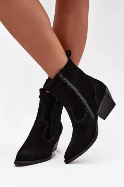 Zamszowe Botki Kowbojki Damskie Na Słupku Ocieplane Czarne Dylira