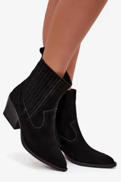 Zamszowe Botki Kowbojki Damskie Na Słupku Ocieplane Czarne Dylira