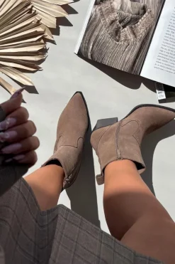 Zamszowe Botki Kowbojki Damskie Na Słupku Ocieplane Khaki Dylira