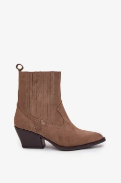 Zamszowe Botki Kowbojki Damskie Na Słupku Ocieplane Khaki Dylira