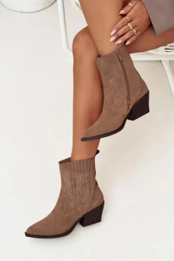 Zamszowe Botki Kowbojki Damskie Na Słupku Ocieplane Khaki Dylira