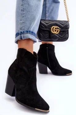 Zamszowe Botki Kowbojki Na Obcasie Czarne Lotoune