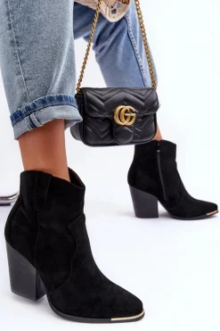 Zamszowe Botki Kowbojki Na Obcasie Czarne Lotoune