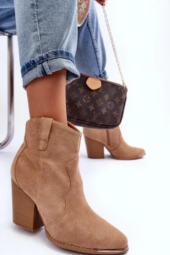 Zamszowe Botki Kowbojki Na Obcasie Beżowe Lotoune