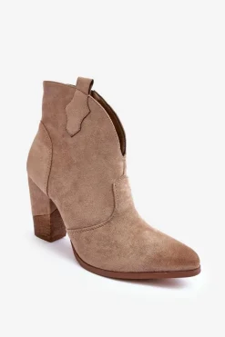 Zamszowe Botki Kowbojki Na Słupku Beżowe Tanner