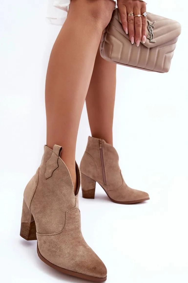 Zamszowe Botki Kowbojki Na Słupku Beżowe Tanner