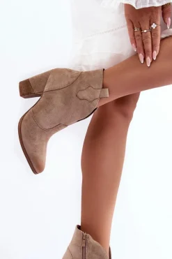 Zamszowe Botki Kowbojki Na Słupku Beżowe Tanner