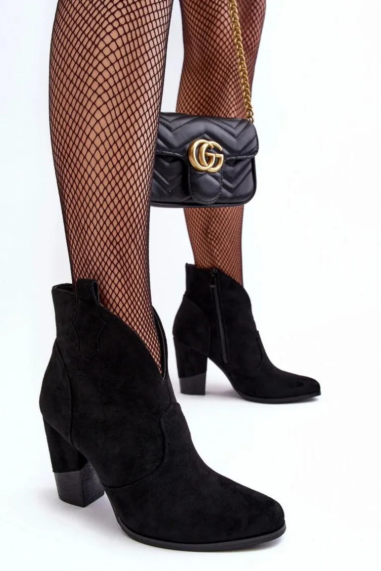 Zamszowe Botki Kowbojki Na Słupku Czarne Tanner