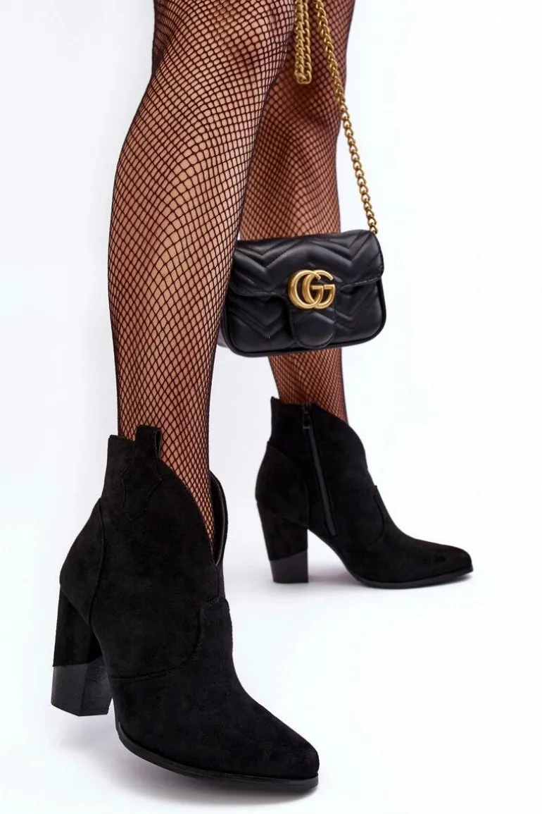 Zamszowe Botki Kowbojki Na Słupku Czarne Tanner