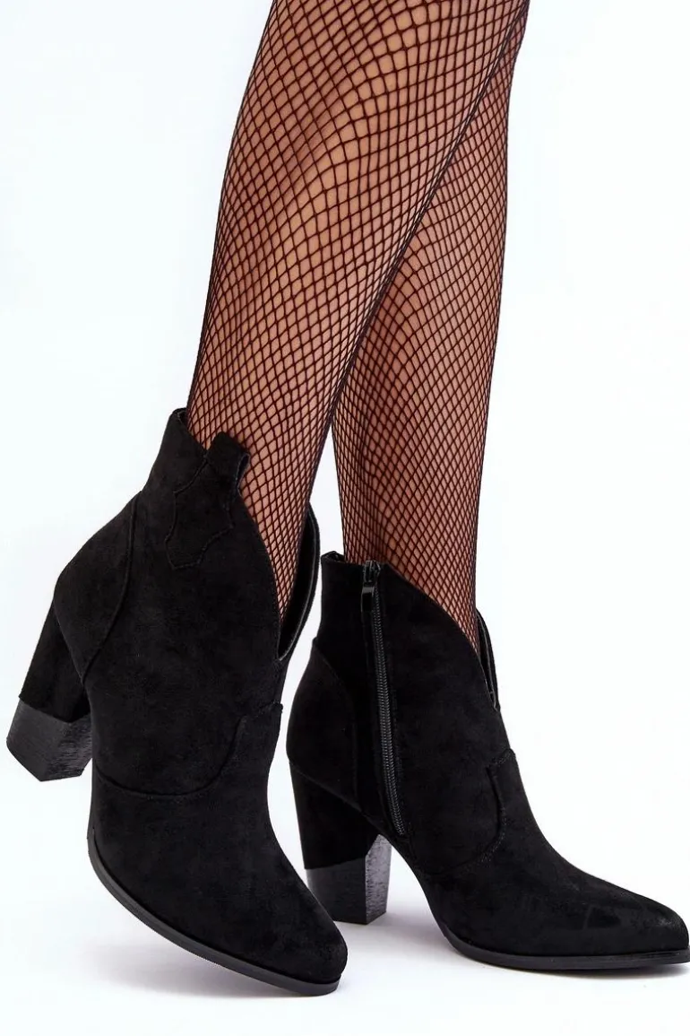 Zamszowe Botki Kowbojki Na Słupku Czarne Tanner