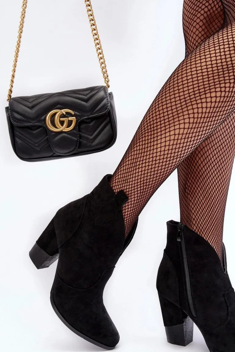 Zamszowe Botki Kowbojki Na Słupku Czarne Tanner