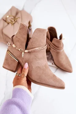 Zamszowe Botki Kowbojki Z Paskami Ciemnobeżowe Inessa