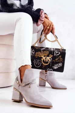 Zamszowe Botki Kowbojki Z Paskami Szare Inessa