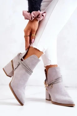 Zamszowe Botki Kowbojki Z Paskami Szare Inessa