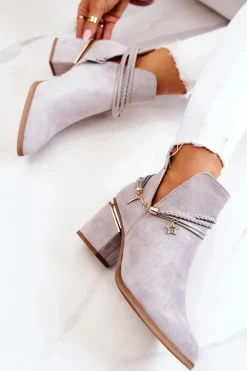 Zamszowe Botki Kowbojki Z Paskami Szare Inessa