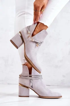 Zamszowe Botki Kowbojki Z Paskami Szare Inessa