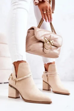 Zamszowe Botki Kowbojki Z Paskami Beżowe Inessa