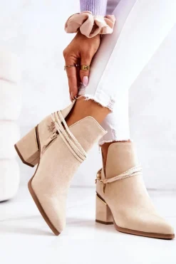 Zamszowe Botki Kowbojki Z Paskami Beżowe Inessa