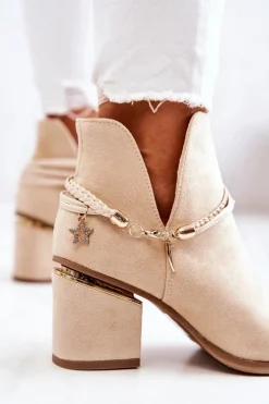 Zamszowe Botki Kowbojki Z Paskami Beżowe Inessa