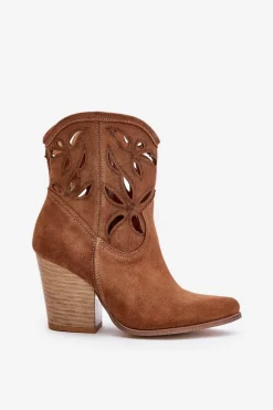 Zamszowe Botki Kowbojki Z Ażurowym Wzorem Lewski 3612 Brązowe