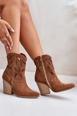 Zamszowe Botki Kowbojki Z Ażurowym Wzorem Lewski 3612 Brązowe