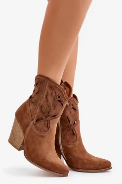 Zamszowe Botki Kowbojki Z Ażurowym Wzorem Lewski 3612 Brązowe