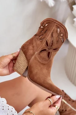 Zamszowe Botki Kowbojki Z Ażurowym Wzorem Lewski 3612 Brązowe