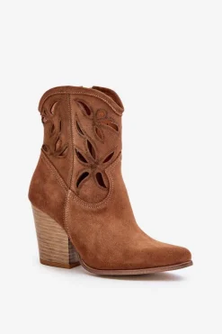 Zamszowe Botki Kowbojki Z Ażurowym Wzorem Lewski 3612 Brązowe