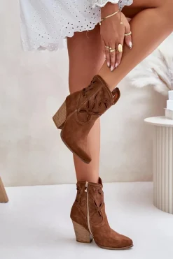 Zamszowe Botki Kowbojki Z Ażurowym Wzorem Lewski 3612 Brązowe