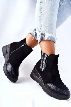 Zamszowe Botki Na Koturnie Czarne Manakel