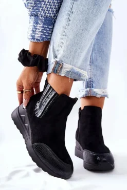 Zamszowe Botki Na Koturnie Czarne Manakel